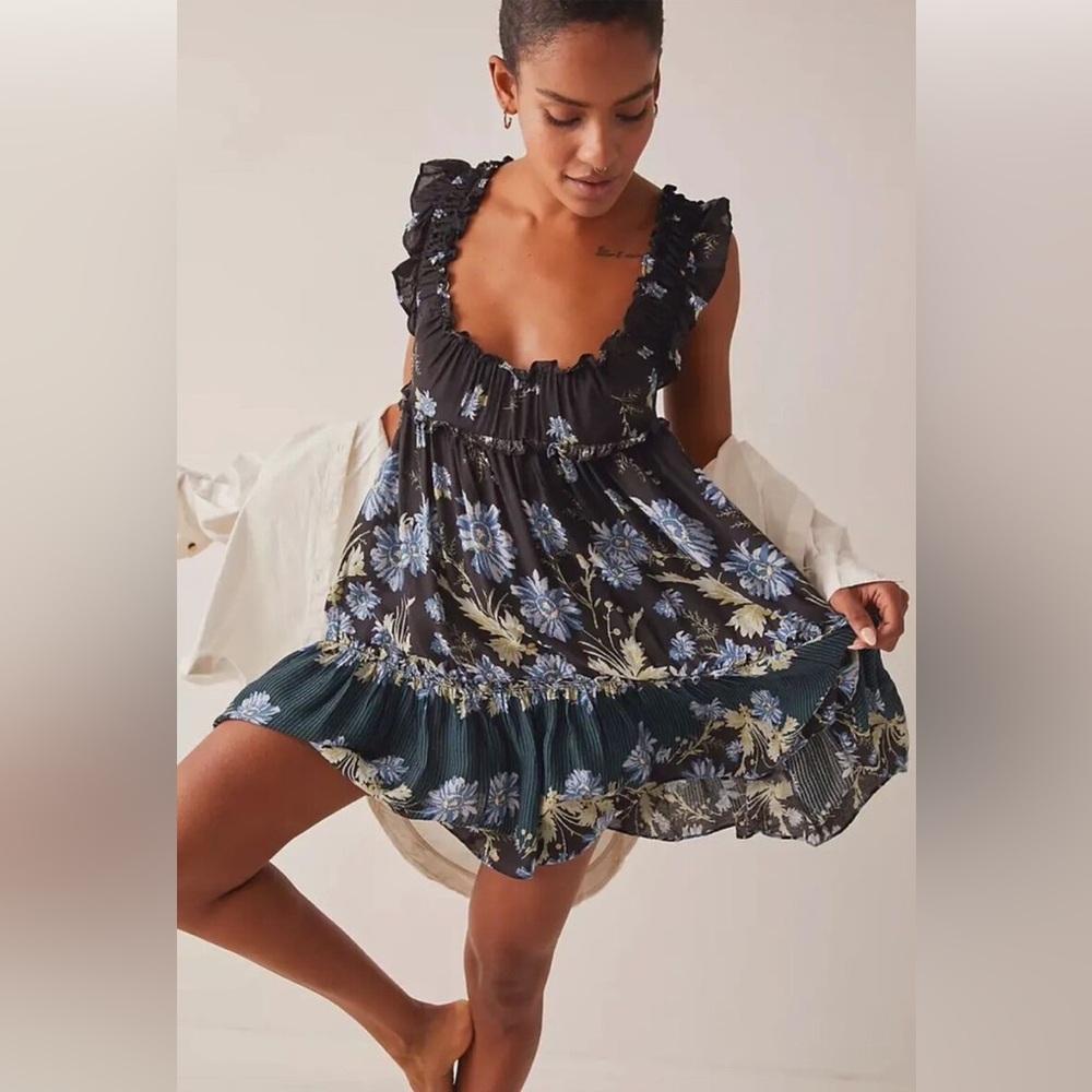 Free People Black and Blue Floral Mini Dress